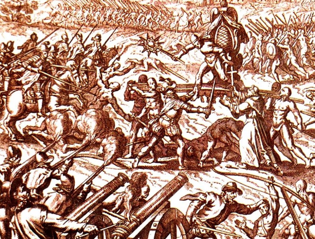 Atahualpa é arrancado de sua liteira por Pizarro. Gravura de Theodor de Bry, séc. XVI.