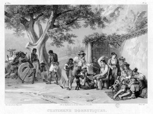 Castigos domésticos, Rugendas, 1822-1825. Enquanto a família do senhor se distrai entre si, o senhor aplica o castigo da palmatória em uma escrava. 