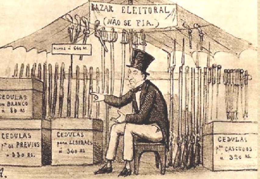 “Bazar eleitoral”, charge de Ângelo Agostini, "O Cabrião", 1867.