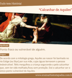 Significado: Ponto fraco ou vulnerável de alguém. Origem: De acordo com a mitologia grega, Aquiles ao nascer foi banhado no rio Estige (ou Styx) por sua mãe, cujas águas tornavam a pessoa indestrutível. Tétis mergulhou a criança segurando-a pelo calcanhar que, sem ter sido molhado, ficou sem proteção. Daí o calcanhar ser o único ponto vulnerável de Aquiles.