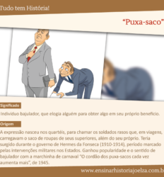 Significado: Indivíduo bajulador, que elogia alguém para obter algo em seu próprio benefício. Origem: A expressão nasceu nos quartéis, para chamar os soldados rasos que, em viagens, carregavam o saco de roupas de seus superiores, além do seu próprio. Teria surgido durante o governo de Hermes da Fonseca (1910-1914), período marcado pelas intervenções militares nos Estados. Ganhou popularidade e o sentido de bajulador com a marchinha de carnaval "O cordão dos puxa-sacos cada vez aumenta mais", de 1945.