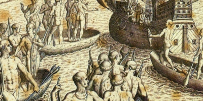 ataque dos portugueses e índios aliados contra os franceses, gravura de Théodore de Bry, c. 1580.
