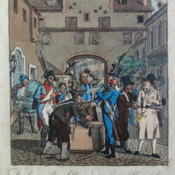 soldados franceses inspecionando mercadorias em Leipzig, Alemanha, em busca de contrabando britânico, 1806. 