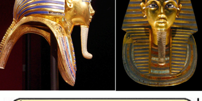 máscara mortuária de Tutancâmon, de ouro, vistas de frente e lateral.