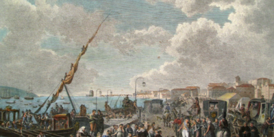 Embarque da família real portuguesa no cais de Belém, em 29 de novembro de 1807, Henry L’Evêque,1812.